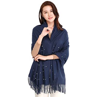 AirMood Kasjmier wintersjaal voor dames met kunstparels, warme en zachte pashmina-sjaal, lange kerstsjaal voor dames, marineblauw AirMood Kasjmier wintersjaal voor dames met kunstparels, warme en zachte pashmina-sjaal, lange kerstsjaal voor dames, marineblauw