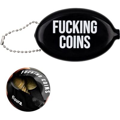 Fisura Retro zwarte ovale rubberen portemonnee "F*cking Coins" met ketting, kleine zakportemonnee, uniseks cadeau portemonnee, 1 stuk Fisura Retro zwarte ovale rubberen portemonnee "F*cking Coins" met ketting, kleine zakportemonnee, uniseks cadeau portemonnee, 1 stuk