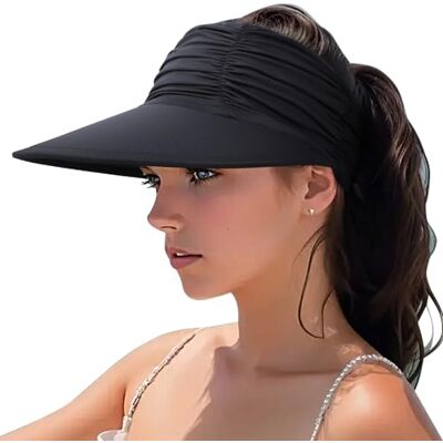 DRESHOW Vrouwen Zonneklep Hoed Brede Rand Hoed Verstelbare Opvouwbare Paardenstaart Strand Hoed Zomer UV Bescherming Outdoor Cap UPF 50+ Eén maat DRESHOW Vrouwen Zonneklep Hoed Brede Rand Hoed Verstelbare Opvouwbare Paardenstaart Strand Hoed Zomer UV Bescherming Outdoor Cap UPF 50+ Eén maat