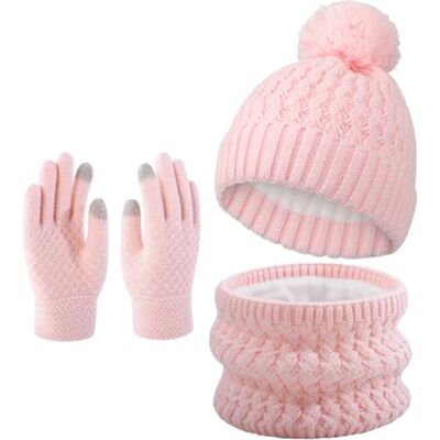 DRESHOW Kinderset muts sjaal handschoenen muts winter kinderen Touchscreen-handschoenen voor kinderen, gebreide muts met pompon, elastisch, winddicht, voor 3-12 jaar Eén maat DRESHOW Kinderset muts sjaal handschoenen muts winter kinderen Touchscreen-handschoenen voor kinderen, gebreide muts met pompon, elastisch, winddicht, voor 3-12 jaar Eén maat
