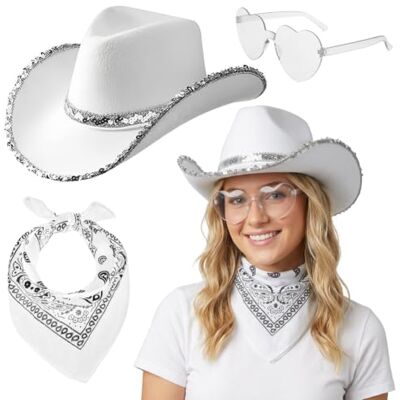 JynxtoyZeal Set van 3 witte cowboyhoeden met hartvormige bril en zakdoek, vilten hoed met pailletten voor westernkostuum, feestjes en festivals JynxtoyZeal Set van 3 witte cowboyhoeden met hartvormige bril en zakdoek, vilten hoed met pailletten voor westernkostuum, feestjes en festivals