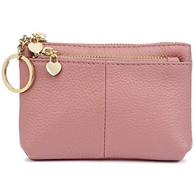 ZOUIQSS Mini portemonnee van echt leer met ritssluiting en sleutelhanger voor dames, roze, muntzakje ZOUIQSS Mini portemonnee van echt leer met ritssluiting en sleutelhanger voor dames, roze, muntzakje