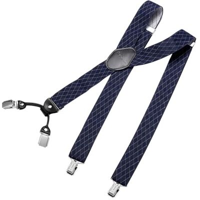 DonDon brede bretels 3,5 cm 4 Y-vormige leren clips elastisch en in lengte verstelbaar zwart blauw, Rhomb blauw, one size One Size DonDon brede bretels 3,5 cm 4 Y-vormige leren clips elastisch en in lengte verstelbaar zwart blauw, Rhomb blauw, one size One Size