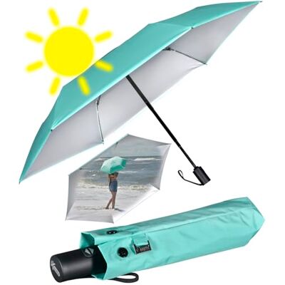iX-brella Mini-paraplu met automatisch openen en sluiten met uv-bescherming en warmte, mint-zilver UV- en hittebescherming, Automatische zakparaplu iX-brella Mini-paraplu met automatisch openen en sluiten met uv-bescherming en warmte, mint-zilver UV- en hittebescherming, Automatische zakparaplu