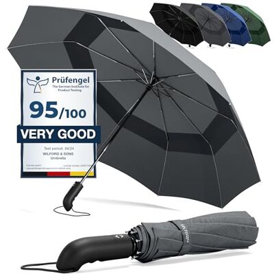 Wilford & Sons Compacte opvouwbare paraplu automatisch openen/sluiten knop en tas Windbestendig, onbreekbaar, robuust, klein, telescopisch, eenvoudig, waterdicht heren dames parasol reizen, grijs Double Canopy Wilford & Sons Compacte opvouwbare paraplu automatisch openen/sluiten knop en tas Windbestendig, onbreekbaar, robuust, klein, telescopisch, eenvoudig, waterdicht heren dames parasol reizen, grijs Double Canopy