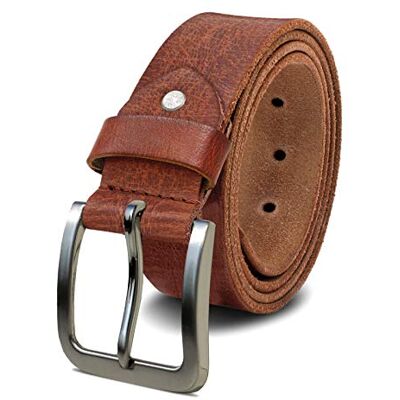 ROYALZ 4mm stevige buffelleer heren lederen riem vintage jeans-riem met doorn gesp 38mm, cognac bruin Geborstelde gesp, 120 120 ROYALZ 4mm stevige buffelleer heren lederen riem vintage jeans-riem met doorn gesp 38mm, cognac bruin Geborstelde gesp, 120 120