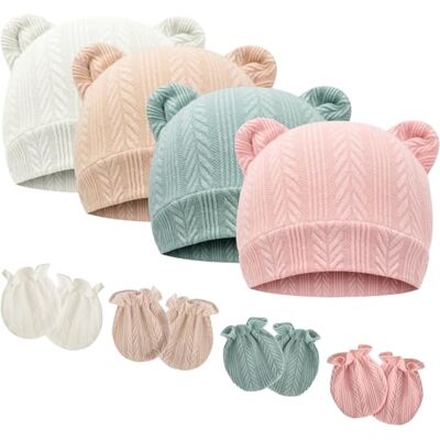 DRESHOW Babymutsen en wanten beschermende wanten pasgeboren muts peuter zachte schattige gebreide muts 0-6 maanden, één maat, 4 sets: Bear Ears Hoeden & Mittens 05UK Eén maat DRESHOW Babymutsen en wanten beschermende wanten pasgeboren muts peuter zachte schattige gebreide muts 0-6 maanden, één maat, 4 sets: Bear Ears Hoeden & Mittens 05UK Eén maat
