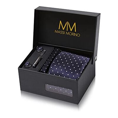 Massi Morino Stropdas set met manchetknopen, pochet en dasspeld – luxe stropdassen set voor heren in Geschenkdoos Mens tie set, Donkerblauw Gestippeld, one size one size Massi Morino Stropdas set met manchetknopen, pochet en dasspeld – luxe stropdassen set voor heren in Geschenkdoos Mens tie set, Donkerblauw Gestippeld, one size one size