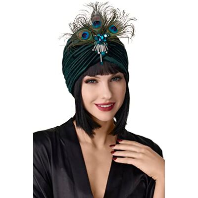 BABEYOND Tulbandhoed voor dames met afneembare kristallen broche in retrostijl uit de jaren 20 Gatsby-accessoire, donkergroen, één maat BABEYOND Tulbandhoed voor dames met afneembare kristallen broche in retrostijl uit de jaren 20 Gatsby-accessoire, donkergroen, één maat