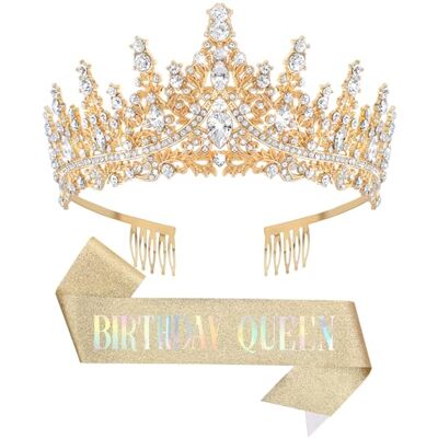 DRESHOW Verjaardagskroon en sjaal voor vrouwen, koninginnenkroon en diadeem van strass, tiara's en sjaals, verjaardag, meisjes, decoratie, haaraccessoires DRESHOW Verjaardagskroon en sjaal voor vrouwen, koninginnenkroon en diadeem van strass, tiara's en sjaals, verjaardag, meisjes, decoratie, haaraccessoires