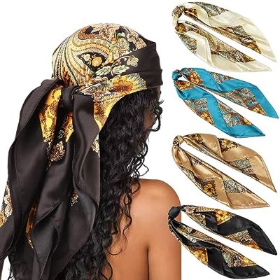 DRESHOW Set van 4 grote vierkante sjaals voor dames, satijn, haaraccessoires, zijde, vierkant, klassieke patronen, strandbandana's Eén maat DRESHOW Set van 4 grote vierkante sjaals voor dames, satijn, haaraccessoires, zijde, vierkant, klassieke patronen, strandbandana's Eén maat