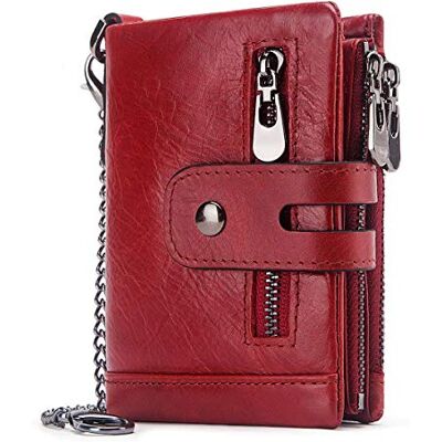 REETEE Portemonnee voor dames, leer, portemonnee, RFID-blokkering, portemonnee, dames, kleine ritssluiting, 16 kaartvakken, portemonnee van leer, bifold portemonnee met ketting, rood, kort REETEE Portemonnee voor dames, leer, portemonnee, RFID-blokkering, portemonnee, dames, kleine ritssluiting, 16 kaartvakken, portemonnee van leer, bifold portemonnee met ketting, rood, kort