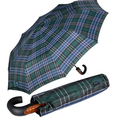 iX-brella Automatische zakparaplu voor heren met ronde haak handvat, Houtlook Blauw/Groen iX-brella Automatische zakparaplu voor heren met ronde haak handvat, Houtlook Blauw/Groen
