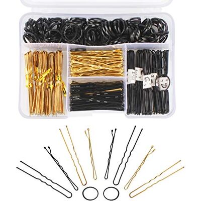 Dadabig 320 stuks haarspelden en kleine elastische siliconen haarspelden in U-vorm, zwart en goud, met opbergdoos voor dames, knot, bruiloft, kapsel Dadabig 320 stuks haarspelden en kleine elastische siliconen haarspelden in U-vorm, zwart en goud, met opbergdoos voor dames, knot, bruiloft, kapsel