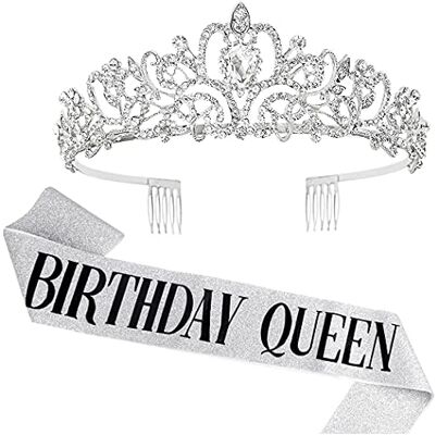 DRESHOW Kroon en sjaal verjaardag voor vrouwen, koninginnenkroon en diadeem van strass, verjaardagssjaal voor meisjes Eén maat DRESHOW Kroon en sjaal verjaardag voor vrouwen, koninginnenkroon en diadeem van strass, verjaardagssjaal voor meisjes Eén maat
