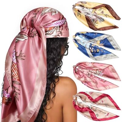 DRESHOW Set van 4 grote vierkante sjaals voor dames, satijn, haaraccessoires, zijde, vierkant, klassieke patronen, strandbandana's Eén maat DRESHOW Set van 4 grote vierkante sjaals voor dames, satijn, haaraccessoires, zijde, vierkant, klassieke patronen, strandbandana's Eén maat