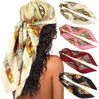DRESHOW Set van 4 grote vierkante sjaals voor dames, satijn, haaraccessoires, zijde, vierkant, klassieke patronen, strandbandana's Eén maat DRESHOW Set van 4 grote vierkante sjaals voor dames, satijn, haaraccessoires, zijde, vierkant, klassieke patronen, strandbandana's Eén maat