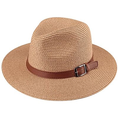 DRESHOW Strohoed voor dames en heren, panamahoed, zomerhoed, brede rand, zonnehoed, uv-bescherming, voor strand, reizen, fedora, zonnehoed, één maat, gesp, riem, kaki, V2 Eén maat DRESHOW Strohoed voor dames en heren, panamahoed, zomerhoed, brede rand, zonnehoed, uv-bescherming, voor strand, reizen, fedora, zonnehoed, één maat, gesp, riem, kaki, V2 Eén maat