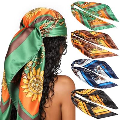 DRESHOW Set van 4 grote vierkante sjaals voor dames, satijn, haaraccessoires, zijde, vierkant, klassieke patronen, strandbandana's Eén maat DRESHOW Set van 4 grote vierkante sjaals voor dames, satijn, haaraccessoires, zijde, vierkant, klassieke patronen, strandbandana's Eén maat