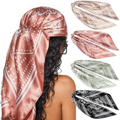 DRESHOW Set van 4 grote vierkante sjaals voor dames, satijn, haaraccessoires, zijde, vierkant, klassieke patronen, strandbandana's Eén maat DRESHOW Set van 4 grote vierkante sjaals voor dames, satijn, haaraccessoires, zijde, vierkant, klassieke patronen, strandbandana's Eén maat