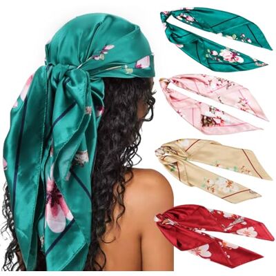 DRESHOW Set van 4 grote vierkante sjaals voor dames, satijn, haaraccessoires, zijde, vierkant, klassieke patronen, strandbandana's Eén maat DRESHOW Set van 4 grote vierkante sjaals voor dames, satijn, haaraccessoires, zijde, vierkant, klassieke patronen, strandbandana's Eén maat