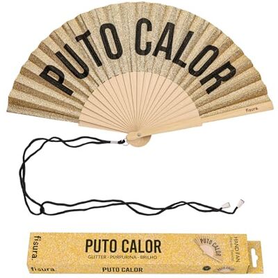 Fisura Originele waaier met opschrift "p*to calor", modern en kleurrijk houten accessoire, handwaaier met gouden glitter, inclusief polsband, grappig cadeau-idee, 42,5 x 23 cm Fisura Originele waaier met opschrift "p*to calor", modern en kleurrijk houten accessoire, handwaaier met gouden glitter, inclusief polsband, grappig cadeau-idee, 42,5 x 23 cm