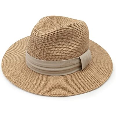 DRESHOW Strohoed voor dames en heren, panamahoed, zomerhoed, brede rand, zonnehoed, uv-bescherming, voor strand, reizen, fedora, zonnehoed, Khaki lint, Eén maat Eén maat DRESHOW Strohoed voor dames en heren, panamahoed, zomerhoed, brede rand, zonnehoed, uv-bescherming, voor strand, reizen, fedora, zonnehoed, Khaki lint, Eén maat Eén maat