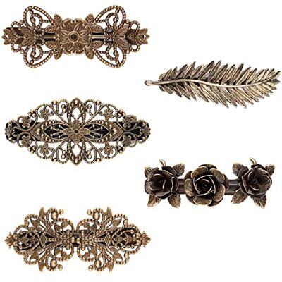 Eterspr 5 stuks Franse haarspelden, vintage haarspelden, brons, roze, bloemengolfveer, kroon, voor vrouwen of meisjes, cadeau voor Valentijnsdag Eterspr 5 stuks Franse haarspelden, vintage haarspelden, brons, roze, bloemengolfveer, kroon, voor vrouwen of meisjes, cadeau voor Valentijnsdag