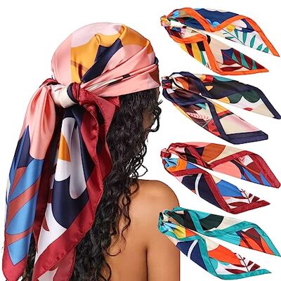 DRESHOW Set van 4 grote vierkante sjaals voor dames, satijn, haaraccessoires, zijde, vierkant, klassieke patronen, strandbandana's Eén maat DRESHOW Set van 4 grote vierkante sjaals voor dames, satijn, haaraccessoires, zijde, vierkant, klassieke patronen, strandbandana's Eén maat