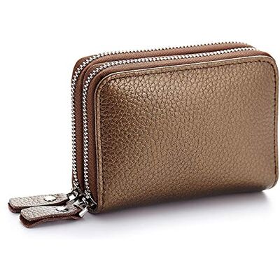 JUVEL Portemonnee van echt leer voor dames, creditcardhouder van leer, dubbele ritssluiting, wisselzak, portemonnee, kaarthouder, mini eenvoudige muntzak, Brons, 8 stuks JUVEL Portemonnee van echt leer voor dames, creditcardhouder van leer, dubbele ritssluiting, wisselzak, portemonnee, kaarthouder, mini eenvoudige muntzak, Brons, 8 stuks