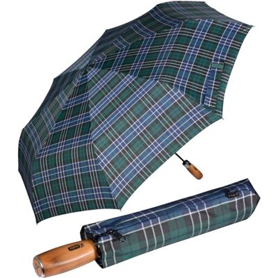 iX-brella IX de Brella Monsieur XXL display 121 cm met echt houten handvat en automatische sluiting, Blauw/groen geruit met handvat iX-brella IX de Brella Monsieur XXL display 121 cm met echt houten handvat en automatische sluiting, Blauw/groen geruit met handvat