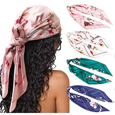 DRESHOW Set van 4 grote vierkante sjaals voor dames, satijn, haaraccessoires, zijde, vierkant, klassieke patronen, strandbandana's Eén maat DRESHOW Set van 4 grote vierkante sjaals voor dames, satijn, haaraccessoires, zijde, vierkant, klassieke patronen, strandbandana's Eén maat