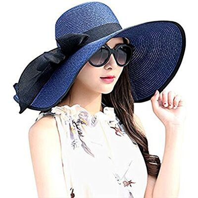 DRESHOW Capeline Strohoed voor dames, hoed met brede rand, zonnehoed, ademend, opvouwbaar, rond, strand, hoofddeksel, zonnehoed UPF 50+, Blauw A Eén maat DRESHOW Capeline Strohoed voor dames, hoed met brede rand, zonnehoed, ademend, opvouwbaar, rond, strand, hoofddeksel, zonnehoed UPF 50+, Blauw A Eén maat