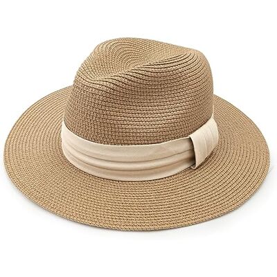 DRESHOW Strohoed voor dames en heren, panamahoed, zomerhoed, brede rand, zonnehoed, uv-bescherming, voor strand, reizen, zonnehoed, Romige witte band kaki, Eén maat Eén maat DRESHOW Strohoed voor dames en heren, panamahoed, zomerhoed, brede rand, zonnehoed, uv-bescherming, voor strand, reizen, zonnehoed, Romige witte band kaki, Eén maat Eén maat