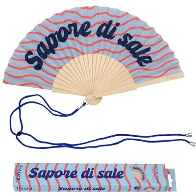Fisura Originele waaier met boodschap "Sapore di sale", modern en kleurrijk houten accessoire, blauwe handwaaier, inclusief polsband, grappig cadeau-idee, 42,5 x 23 cm Fisura Originele waaier met boodschap "Sapore di sale", modern en kleurrijk houten accessoire, blauwe handwaaier, inclusief polsband, grappig cadeau-idee, 42,5 x 23 cm