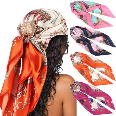 DRESHOW Set van 4 grote vierkante sjaals voor dames, satijn, haaraccessoires, zijde, vierkant, klassieke patronen, strandbandana's Eén maat DRESHOW Set van 4 grote vierkante sjaals voor dames, satijn, haaraccessoires, zijde, vierkant, klassieke patronen, strandbandana's Eén maat