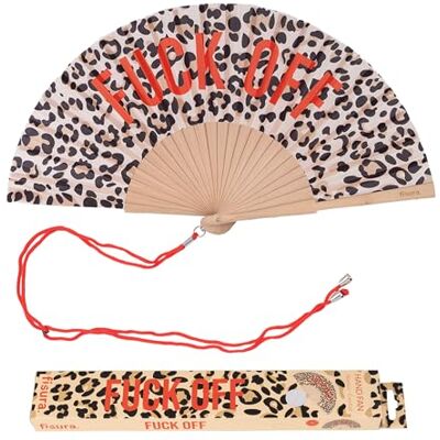 Fisura Originele houten waaier met boodschap "f*ck off". Gedurfd en kleurrijk accessoire, rode luipaardprint handwaaier met handige lus. Afmetingen: 42,5 x 23 cm Fisura Originele houten waaier met boodschap "f*ck off". Gedurfd en kleurrijk accessoire, rode luipaardprint handwaaier met handige lus. Afmetingen: 42,5 x 23 cm