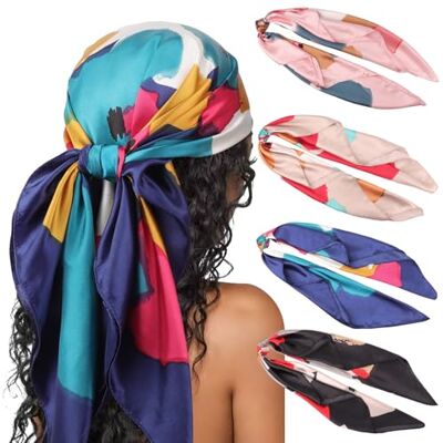 DRESHOW Set van 4 grote vierkante sjaals voor dames, satijn, haaraccessoires, zijde, vierkant, klassieke patronen, strandbandana's Eén maat DRESHOW Set van 4 grote vierkante sjaals voor dames, satijn, haaraccessoires, zijde, vierkant, klassieke patronen, strandbandana's Eén maat