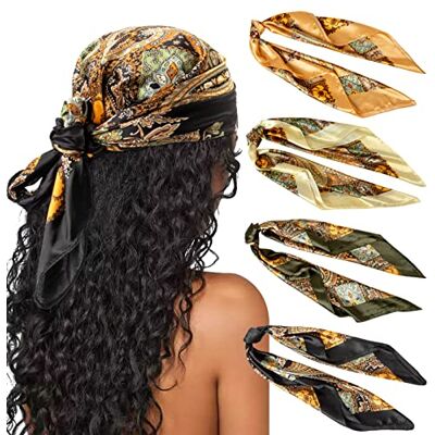 DRESHOW Set van 4 grote vierkante sjaals voor dames, satijn, haaraccessoires, zijde, vierkant, klassieke patronen, strandbandana's Eén maat DRESHOW Set van 4 grote vierkante sjaals voor dames, satijn, haaraccessoires, zijde, vierkant, klassieke patronen, strandbandana's Eén maat