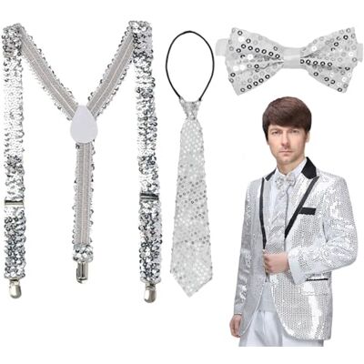 XNIVUIS Pailletten bretels voor dames en heren, elastische verstelbare Y-vormige bretels, set bretels en vlinderdas, kostuumaccessoires met pailletten, voor feest, carnaval, zilver. Taille unique XNIVUIS Pailletten bretels voor dames en heren, elastische verstelbare Y-vormige bretels, set bretels en vlinderdas, kostuumaccessoires met pailletten, voor feest, carnaval, zilver. Taille unique