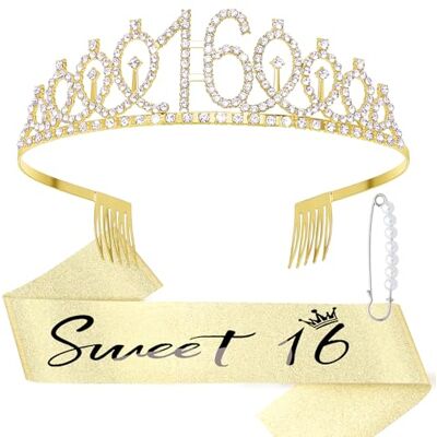 DRESHOW Kroon en sjaal voor de 16e verjaardag voor vrouwen, kroon en diadeem voor de 16e verjaardag voor meisjes, strass-tiara's, decoraties, haaraccessoires, sjaal Taille unique DRESHOW Kroon en sjaal voor de 16e verjaardag voor vrouwen, kroon en diadeem voor de 16e verjaardag voor meisjes, strass-tiara's, decoraties, haaraccessoires, sjaal Taille unique