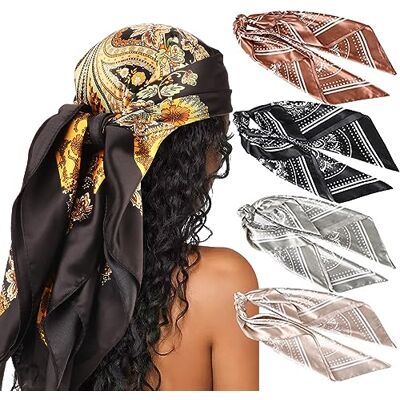 DRESHOW Set van 4 grote vierkante sjaals voor dames, satijn, haaraccessoires, zijde, vierkant, klassieke patronen, strandbandana's Eén maat DRESHOW Set van 4 grote vierkante sjaals voor dames, satijn, haaraccessoires, zijde, vierkant, klassieke patronen, strandbandana's Eén maat