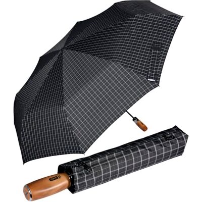 iX-brella IX de Brella Monsieur XXL display 121 cm met echt houten handvat en automatische sluiting, Zwart geruit met handvat iX-brella IX de Brella Monsieur XXL display 121 cm met echt houten handvat en automatische sluiting, Zwart geruit met handvat