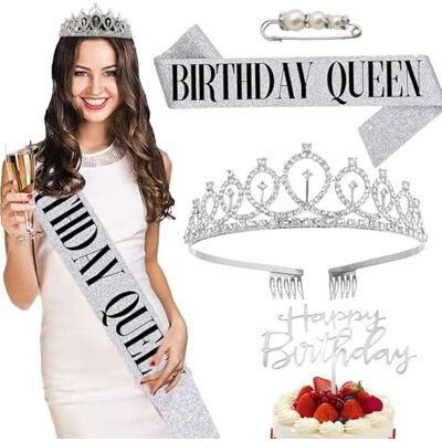Exbrith Set van 4 verjaardagskransen en sjaals voor vrouwen, diadeemset, strass-tiara, prinsessenkroon, strass-tiara-set, verjaardagskroon voor feest, accessoires en Exbrith Set van 4 verjaardagskransen en sjaals voor vrouwen, diadeemset, strass-tiara, prinsessenkroon, strass-tiara-set, verjaardagskroon voor feest, accessoires en