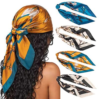 DRESHOW Set van 4 grote vierkante sjaals voor dames, satijn, haaraccessoires, zijde, vierkant, klassieke patronen, strandbandana's Eén maat DRESHOW Set van 4 grote vierkante sjaals voor dames, satijn, haaraccessoires, zijde, vierkant, klassieke patronen, strandbandana's Eén maat