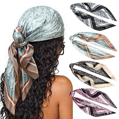 DRESHOW Set van 4 grote vierkante sjaals voor dames, satijn, haaraccessoires, zijde, vierkant, klassieke patronen, strandbandana's Eén maat DRESHOW Set van 4 grote vierkante sjaals voor dames, satijn, haaraccessoires, zijde, vierkant, klassieke patronen, strandbandana's Eén maat