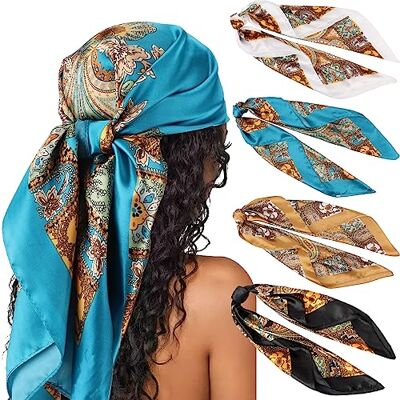 DRESHOW Set van 4 grote vierkante sjaals voor dames, satijn, haaraccessoires, zijde, vierkant, klassieke patronen, strandbandana's Eén maat DRESHOW Set van 4 grote vierkante sjaals voor dames, satijn, haaraccessoires, zijde, vierkant, klassieke patronen, strandbandana's Eén maat