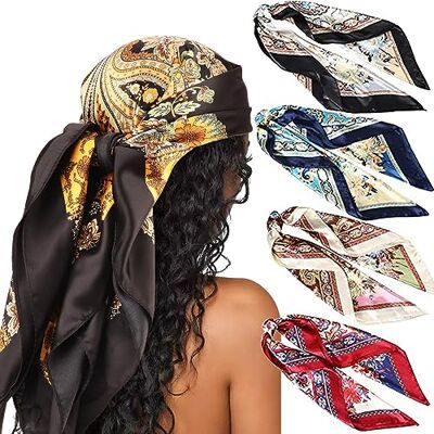 DRESHOW Set van 4 grote vierkante sjaals voor dames, satijn, haaraccessoires, zijde, vierkant, klassieke patronen, strandbandana's Eén maat DRESHOW Set van 4 grote vierkante sjaals voor dames, satijn, haaraccessoires, zijde, vierkant, klassieke patronen, strandbandana's Eén maat