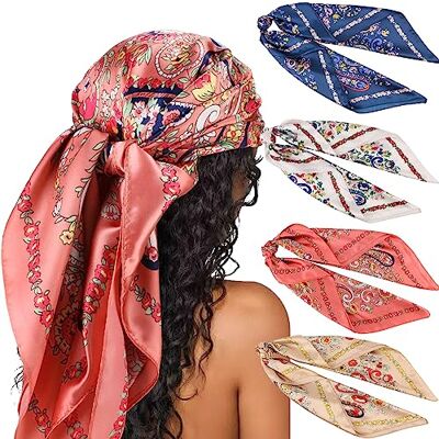 DRESHOW Set van 4 grote vierkante sjaals voor dames, satijn, haaraccessoires, zijde, vierkant, klassieke patronen, strandbandana's Eén maat DRESHOW Set van 4 grote vierkante sjaals voor dames, satijn, haaraccessoires, zijde, vierkant, klassieke patronen, strandbandana's Eén maat