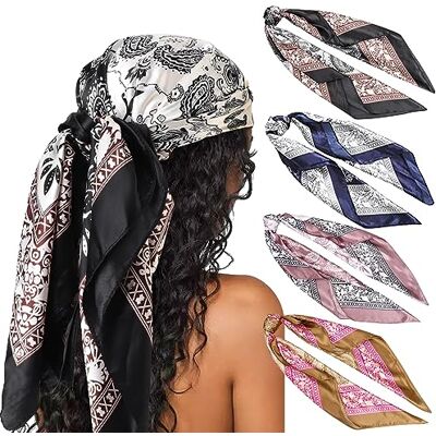 DRESHOW Set van 4 grote vierkante sjaals voor dames, satijn, haaraccessoires, zijde, vierkant, klassieke patronen, strandbandana's Eén maat DRESHOW Set van 4 grote vierkante sjaals voor dames, satijn, haaraccessoires, zijde, vierkant, klassieke patronen, strandbandana's Eén maat